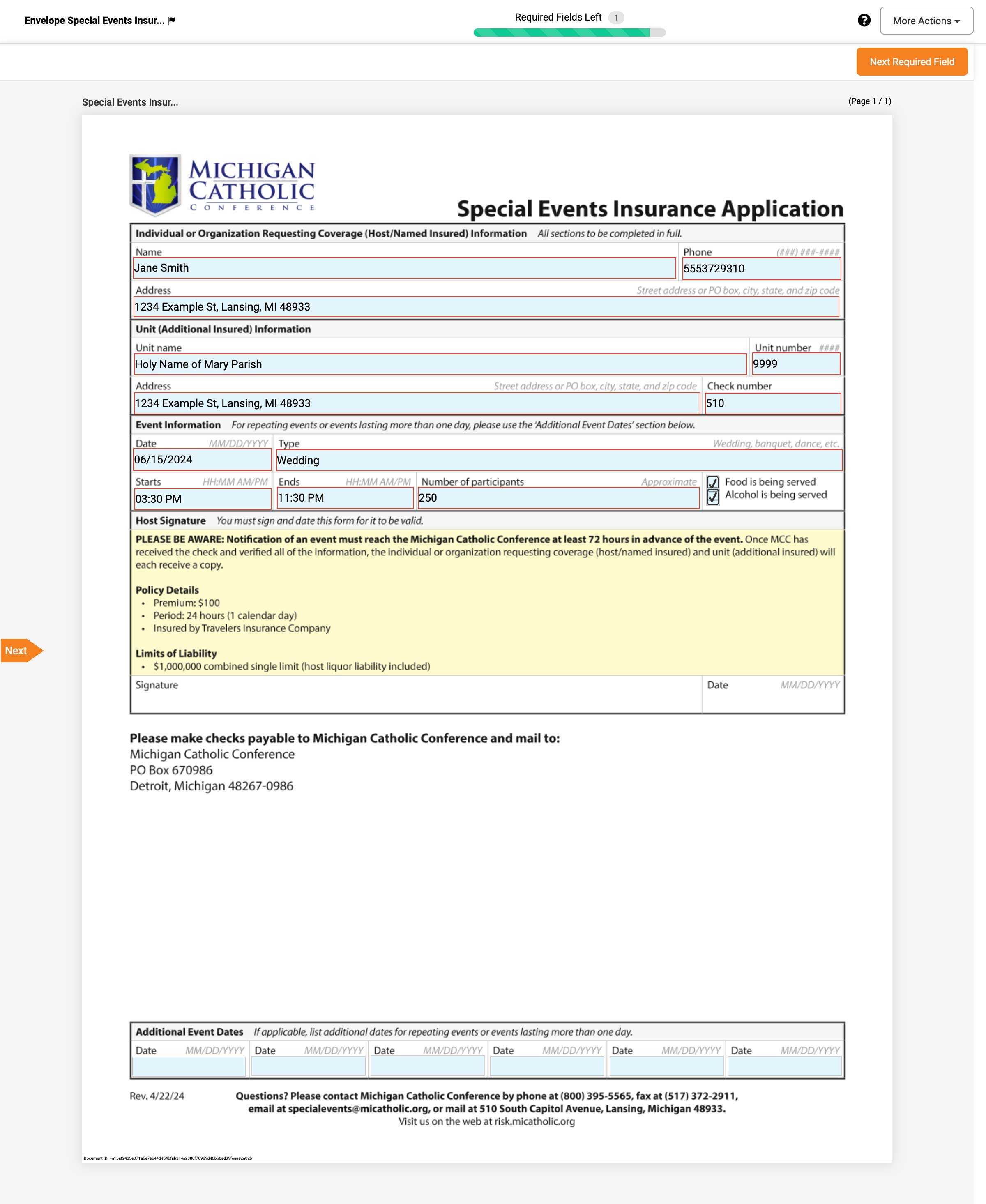 An example completed Special Events Insurance Application