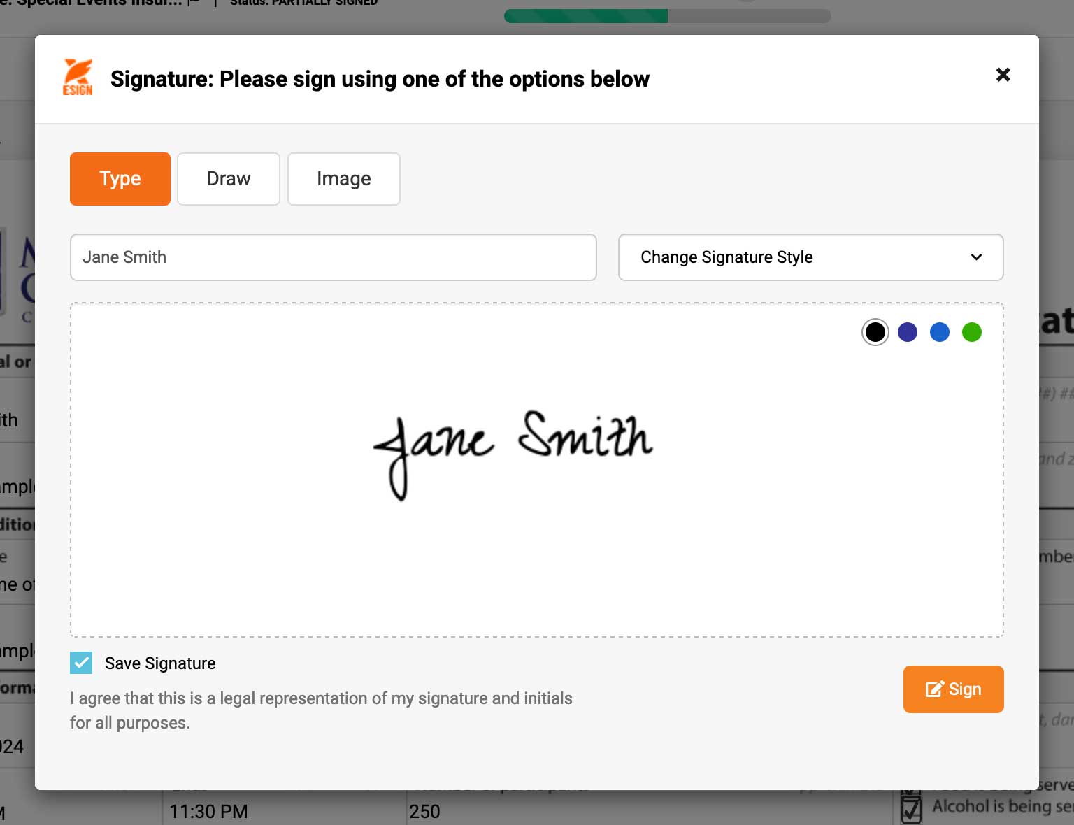 A screenshot of the signature prompt